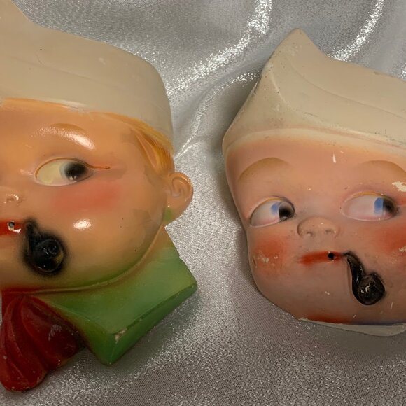 Source Unknown Other - TWO VINTAGE CHALKWARE SAILOR BOY WALL MOUNT STRING DISPENSERS
